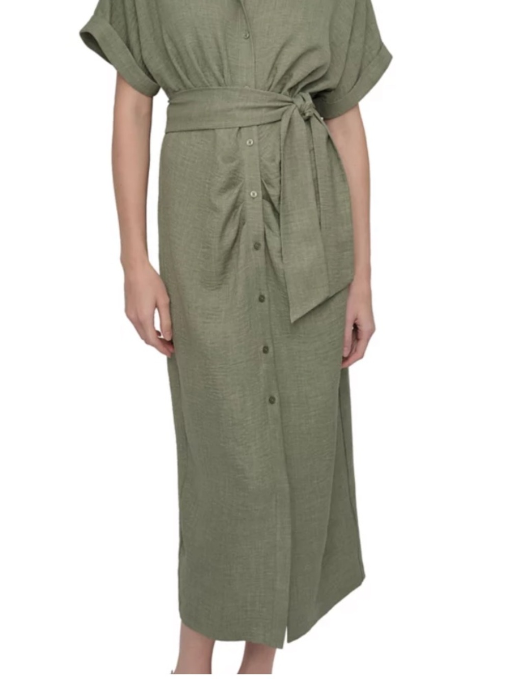 Dkny Olive Green Button-Front Tie-Waist Midi Dress